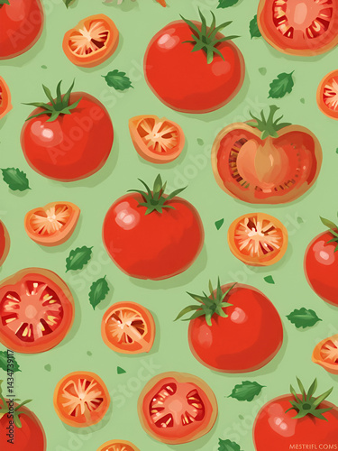 Tomatoes and slices of tomato seamless background. Flat and solid color design vector.