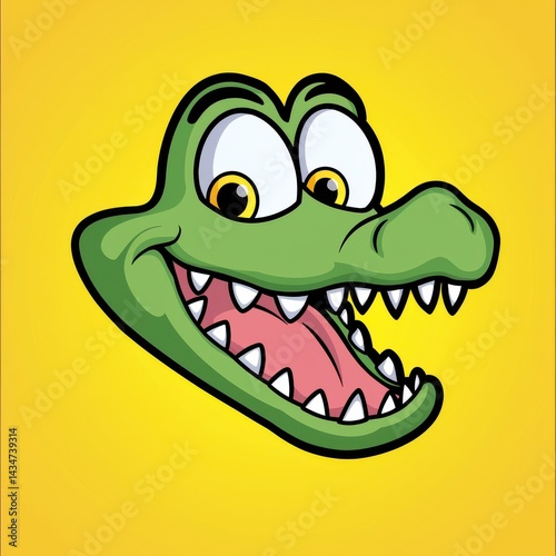 Cartoon alligator head with wide smile and sharp teeth against yellow background