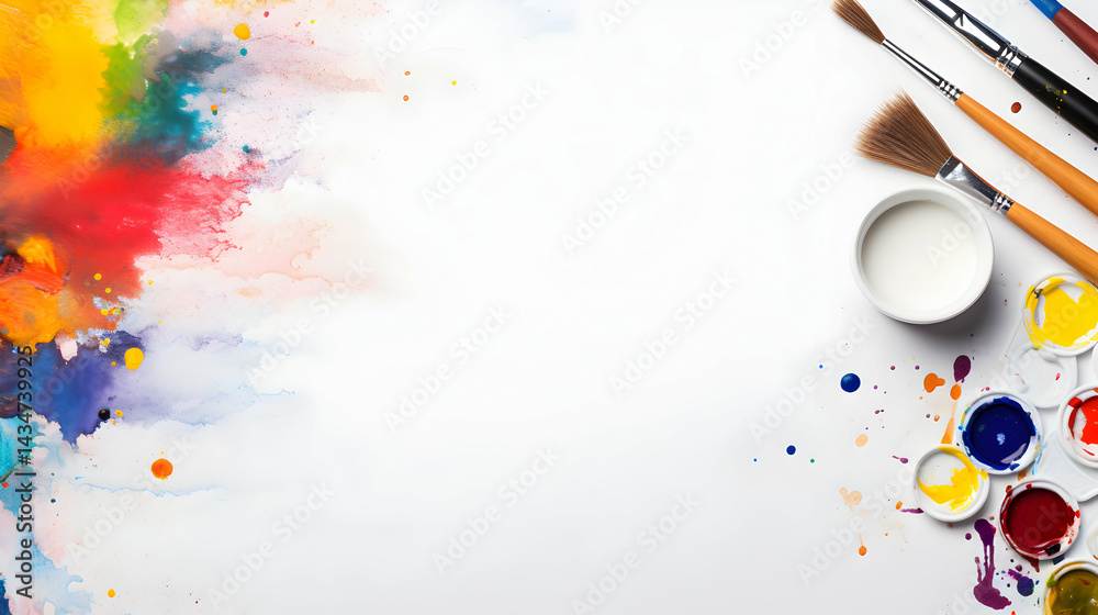 Obraz premium Vibrant artistic splash of colors and creative tools on a clean white canvas