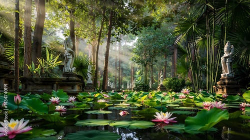 Morning lotus pond with sunlight on pink and white blooms. Ancient statues line the tranquil water amidst lush greenery.
