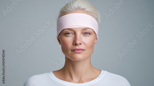A woman with a light pink headband, facing forward, in a studio portrait.