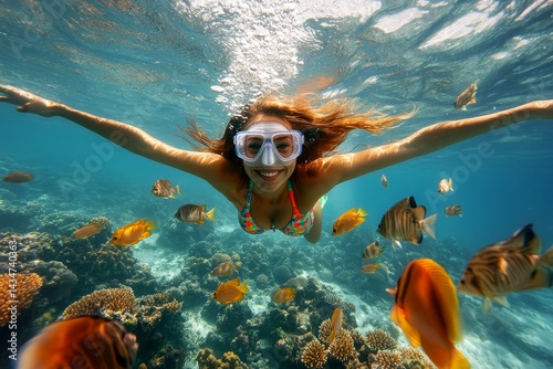 Bright commercial style image. A gorgeous and sexy happy black young woman with black hair with a happy face snorkeling among the corals. Many tropical fish swim next to her.