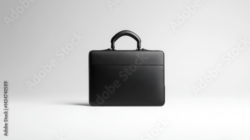 A sleek, black leather briefcase sits centered against a plain, light background.