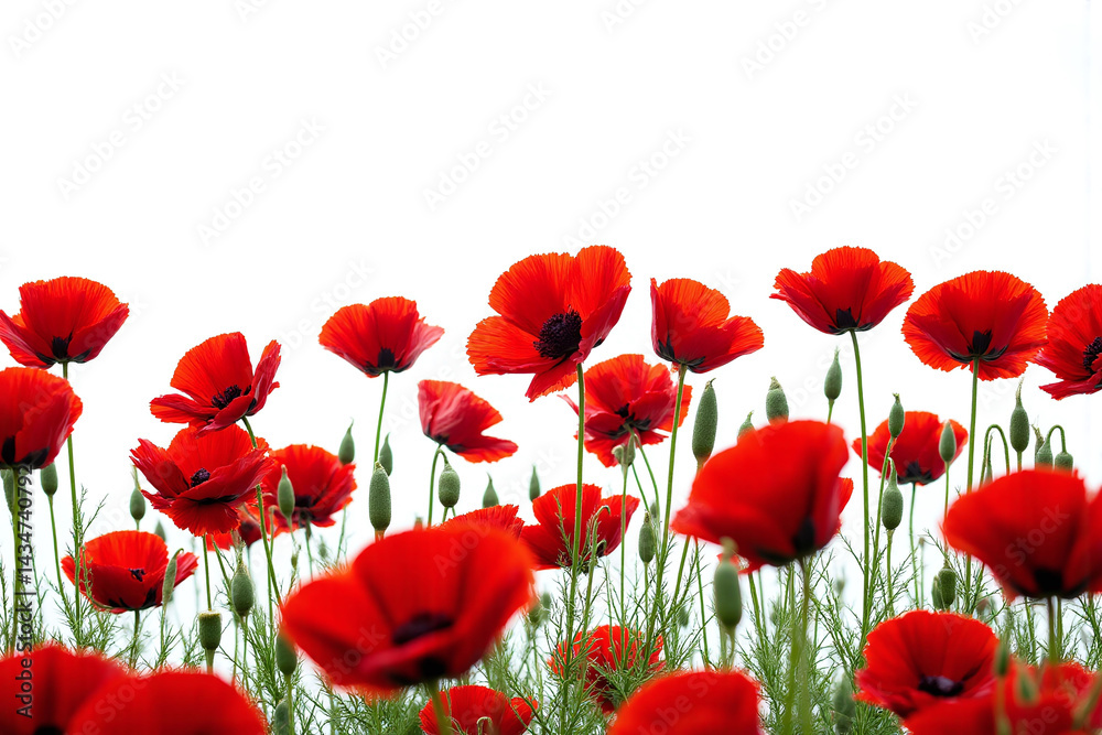 Fototapeta premium field of red poppies on a white background