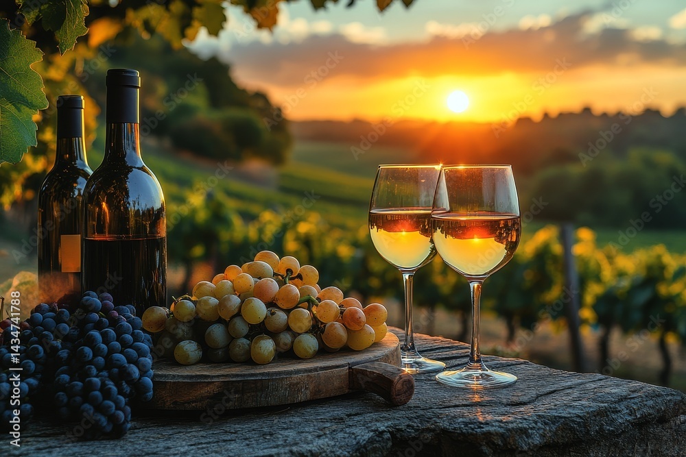 Naklejka premium Sunset vineyard, wine glasses, grapes