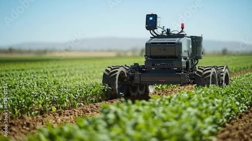 Automated farm robot in green field