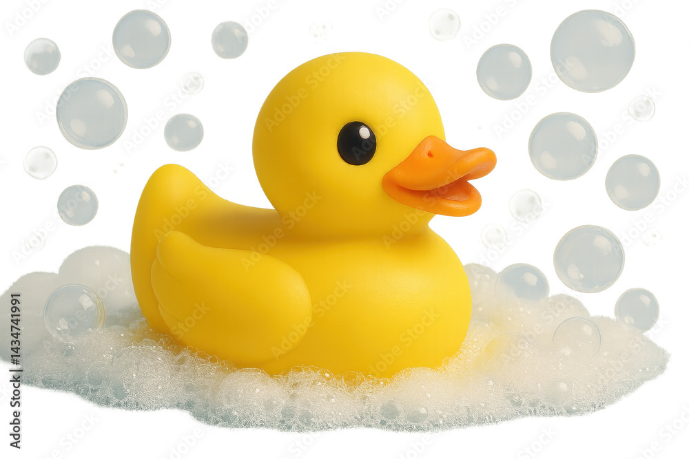 Yellow rubber duck in bubbly bath with floating soap bubbles and white foam. Isolated illustration Yellow rubber duck in bubbly bath with floating soap bubbles and white foam. Isolated illustration