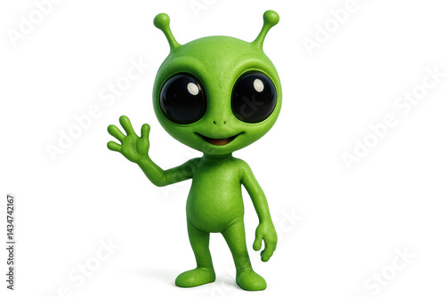 Cute green alien character waving with big eyes in friendly gesture. Isolated illustration