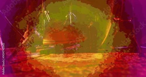 musician striking handpan drum in music studio, with animated sound waves dancing around