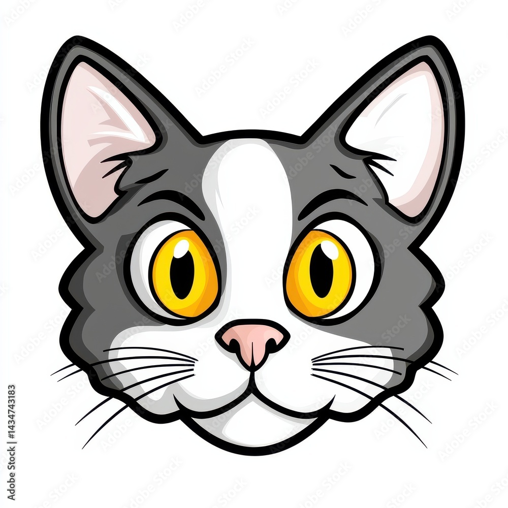 Cartoon illustration of a gray cat with a white patch on its face and bright yellow eyes Cartoon illustration of a gray cat with a white patch on its face and bright yellow eyes