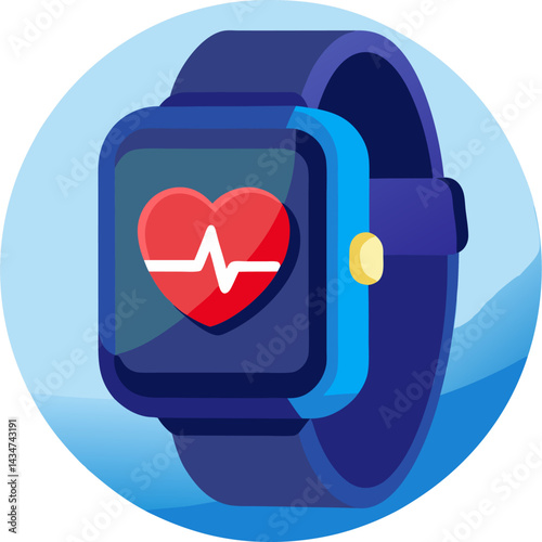 A smartwatch with a dark blue band and a light blue casing, displaying a red heart with a white electrocardiogram line on its screen, set against a light blue circular background.