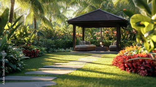 Serene Tropical Retreat in Lush Greenery with a Cozy Gazebo and Pathway Surrounded by Vibrant Flora