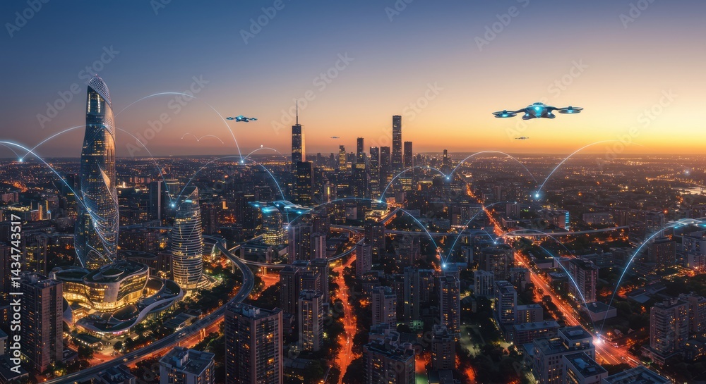Obraz premium Futuristic city skyline with flying vehicles at dusk or dawn.