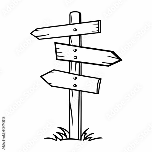 Wooden trail sign with direction arrows - line art vector illustration in white background