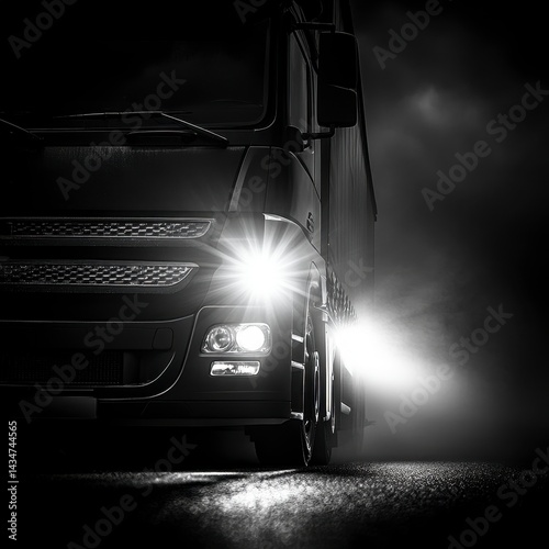 Black and White Image of Commercial Truck With Bright Headlights on Dark Asphalt Road at Night