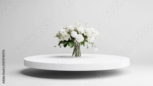 Elegant white hydrangea bouquet displayed on a minimalist white platform against a clean white backdrop.