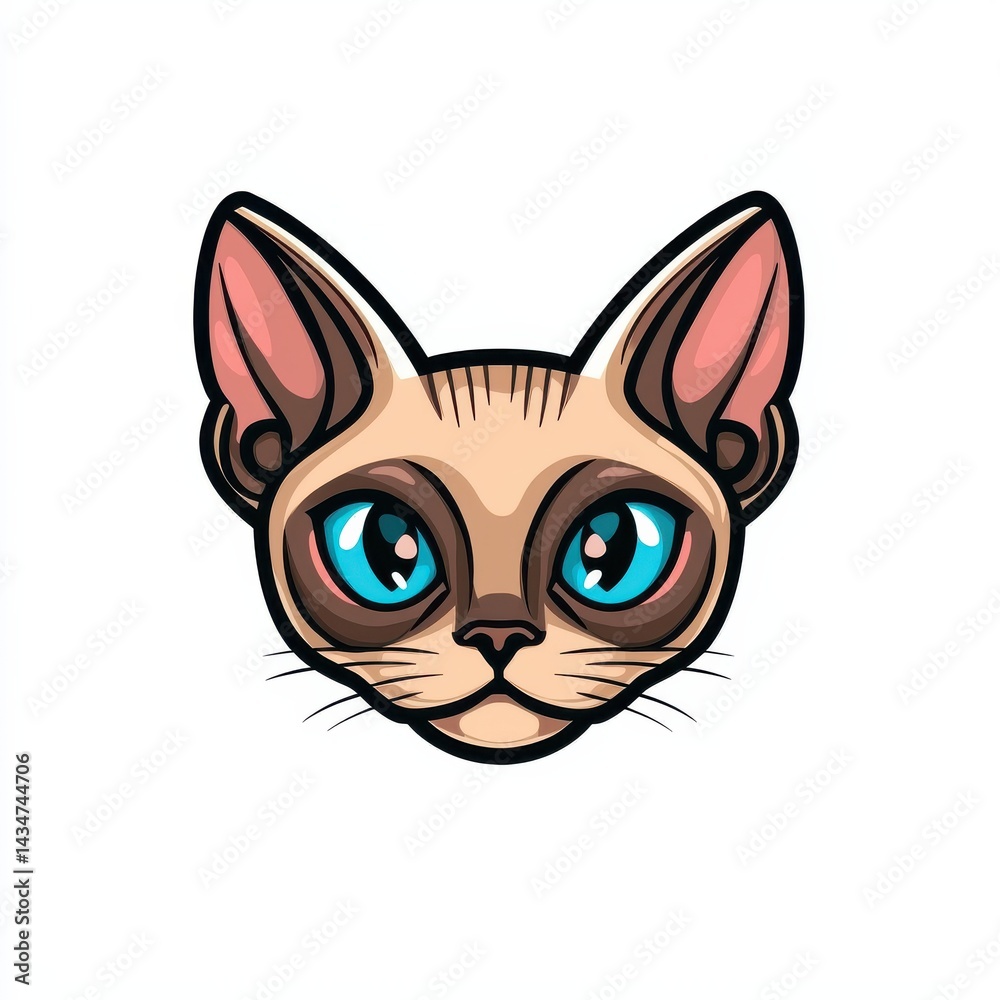 Cartoon illustration of a cat's face with light beige fur, bright blue eyes, and pink ears