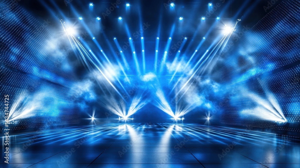 Obraz premium Blue stage lights illuminate an empty performance space.