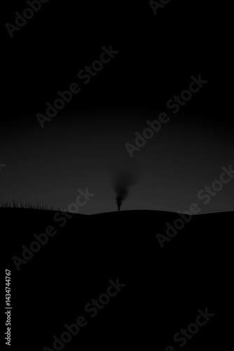 Eerie monochrome landscape illustration with mysterious silhouette smoke