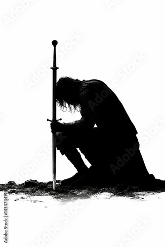 Knight silhouette with sword black and white warrior medieval fantasy art wallpaper background image