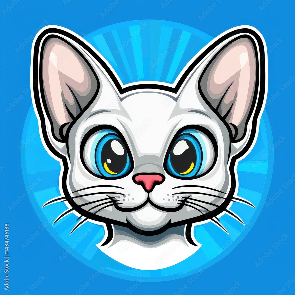 Obraz premium Cartoon illustration of a white cat with large blue eyes and a subtle smile