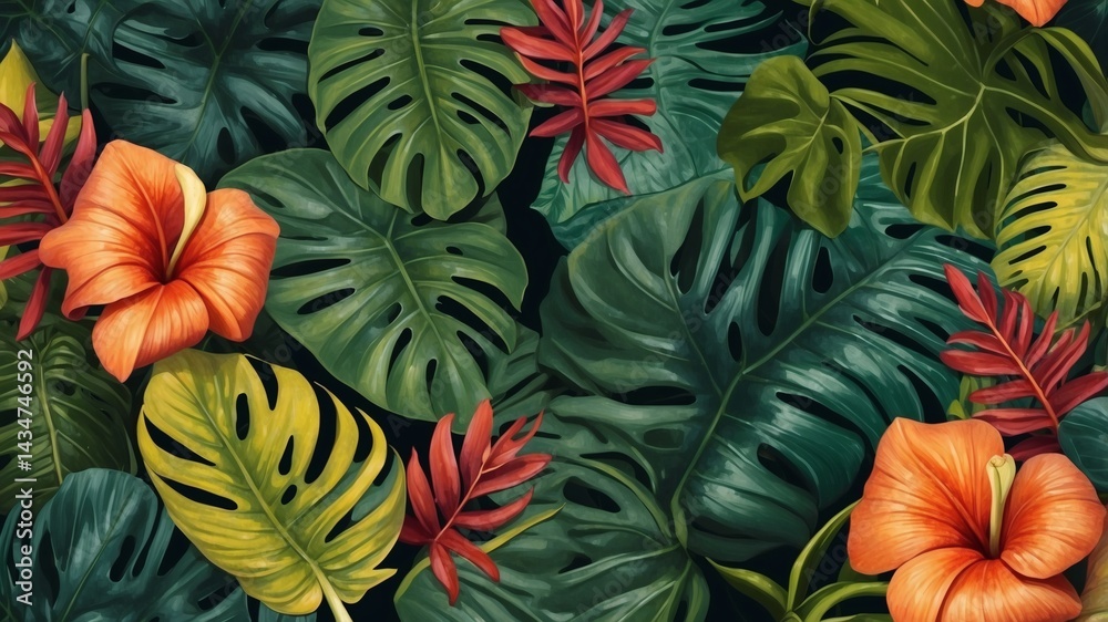 Naklejka premium vibrant tropical foliage with a mix of exotic flowers and diverse leaf textures. The image showcases a lush and colorful botanical scene, a feeling of serenity and natural beauty