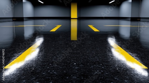 A perspective view of a parking garage floor with painted yellow lines, leading the eye.