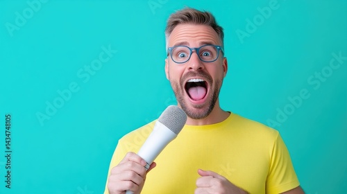 Excited man in yellow shirt holds microphone, mouth open, surprised expression.