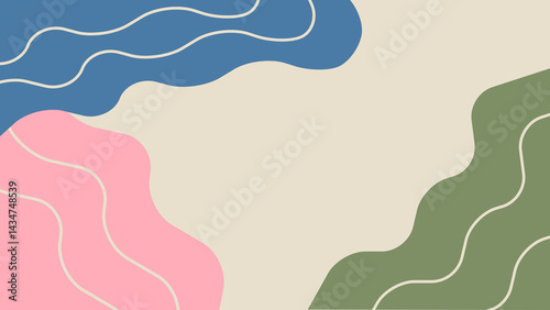 Modern abstract design with organic shapes in blue, pink, and green, outlined by flowing white lines on a beige background.