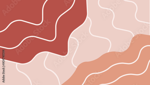 Warm abstract design with organic shapes in brown, peach, and light pink, accented by flowing white lines.
