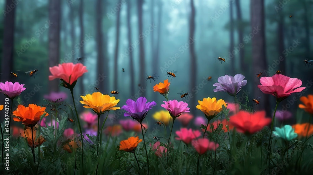 Fototapeta premium Vibrant Flowers Blooming in a Mystical Forest with Busy Bees
