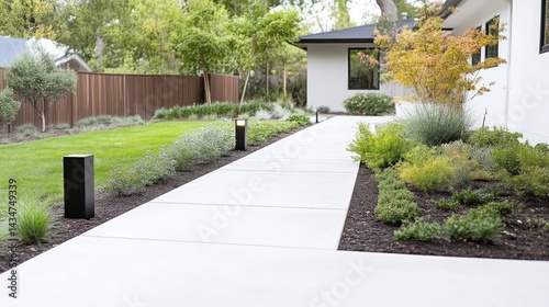 Modern home's landscaped walkway leads to a house, showcasing sleek design and lush greenery.