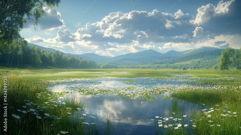 Fototapeta premium Serene Rural Landscape Featuring Lush Greenery, Calm Waters, and Expansive Sky