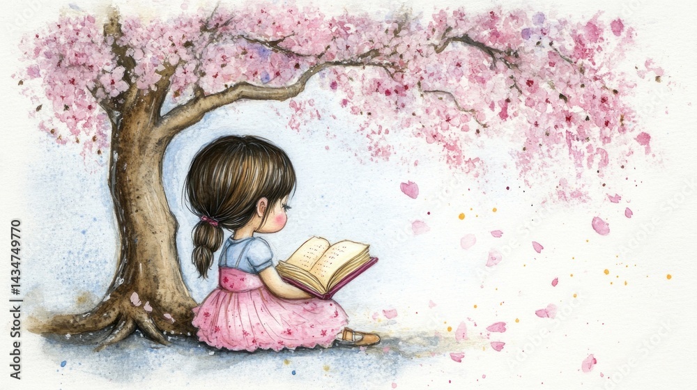 Fototapeta premium Delicate girl reads under a blossoming cherry tree.