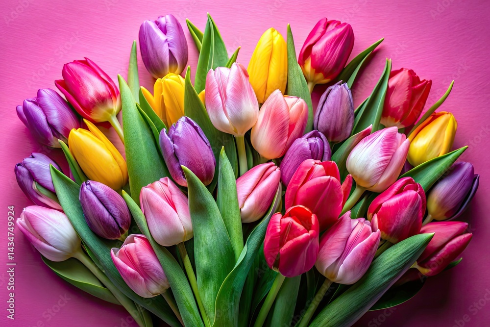 Colorful Tulip Bouquet Flat Lay, Pink Background, Spring Flowers, Top View Photography Colorful Tulip Bouquet Flat Lay, Pink Background, Spring Flowers, Top View Photography