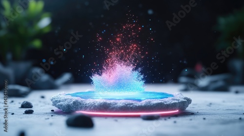 Abstract digital artwork of a glowing, vibrant energy source erupting from a circular platform on a rocky surface.