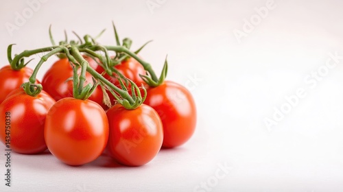A close-up view of a cluster of ripe, red tomatoes with green stems.