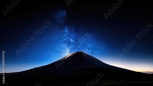 Majestic mountain silhouette against a dark blue night sky filled with stars and the Milky Way.