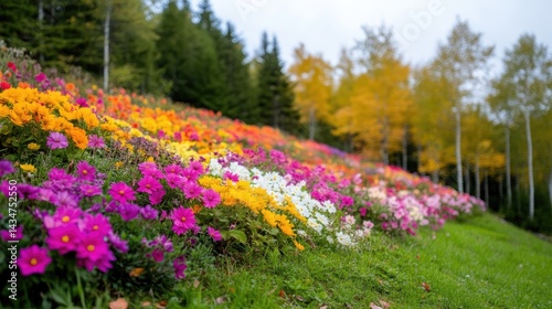 Vibrant hillside ablaze with colorful autumn flowers, contrasting against a backdrop of golden aspen trees and a lush green lawn.