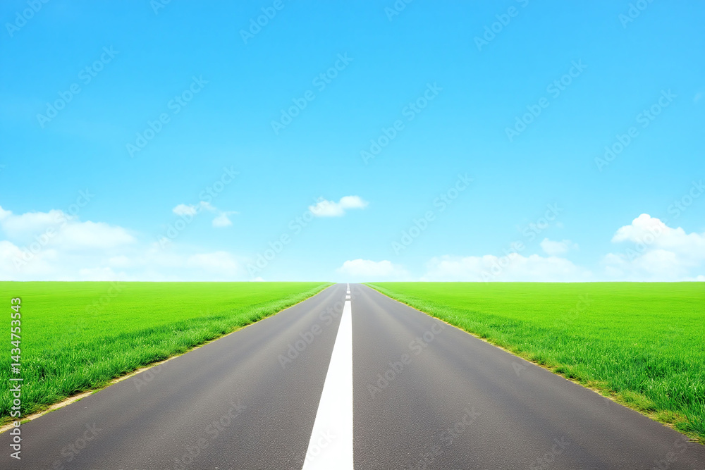 Naklejka premium long empty road in the middle of a green field 2