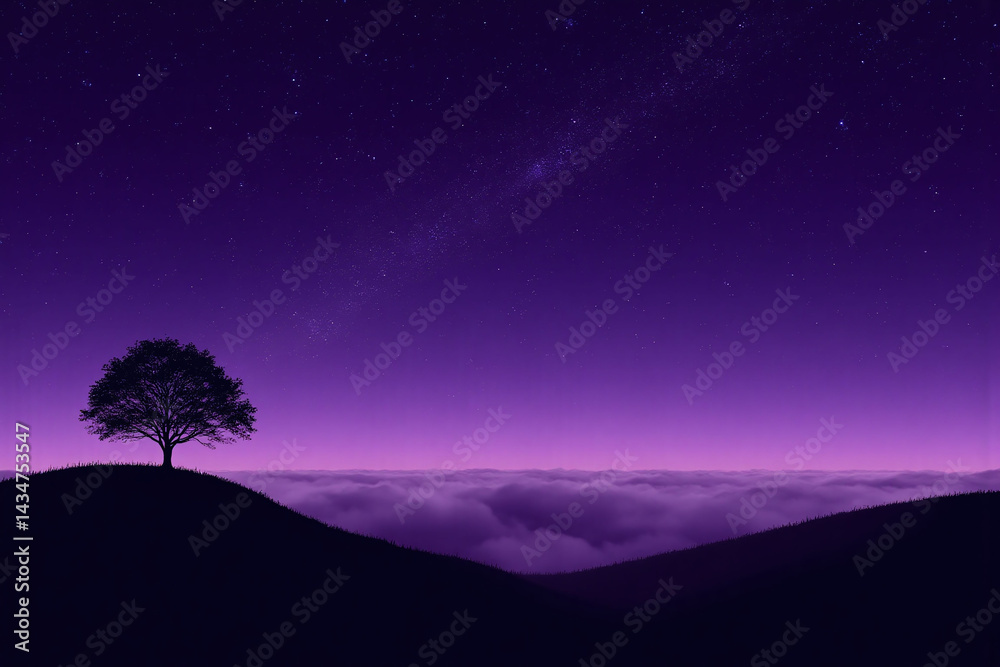 Fototapeta premium lone tree sitting on top of a hill under a starry sky