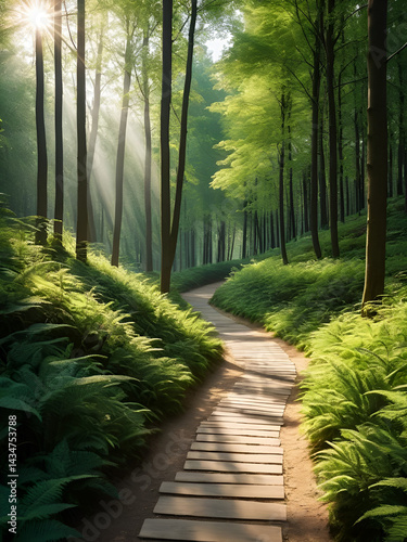 beautiful forest pathway in the mild sunlight