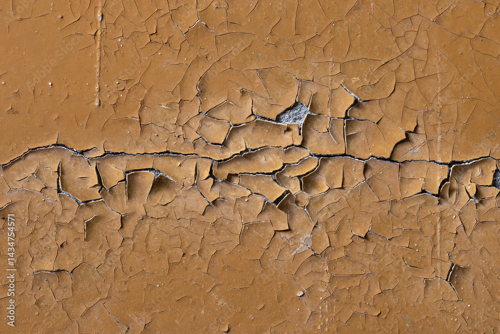 Peeling paint on the wall. Old concrete wall with cracked flaking paint. Weathered rough painted surface with patterns of cracks and peeling. High resolution texture for background and design. Closeup