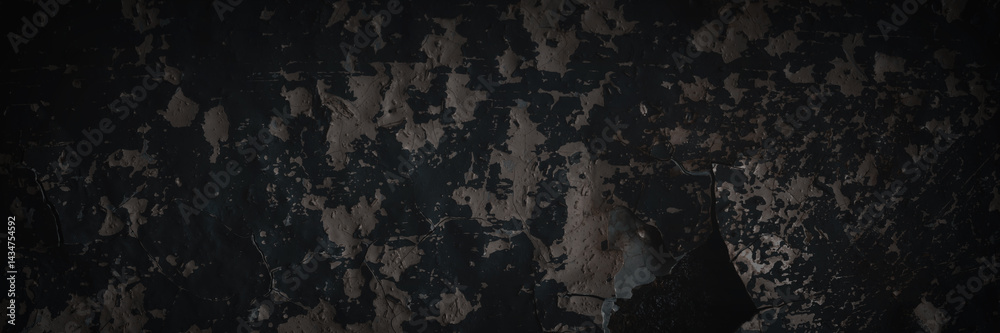 Dark wide panoramic background. Peeling paint on a concrete wall. Dark grunge texture of old cracked flaking paint. Weathered rough painted surface. Patterns of cracks. Darkness background for design.