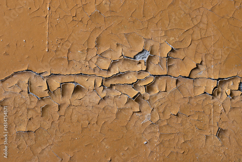 Peeling paint on the wall. Old concrete wall with cracked flaking paint. Weathered rough painted surface with patterns of cracks and peeling. High resolution texture for background and design. Closeup