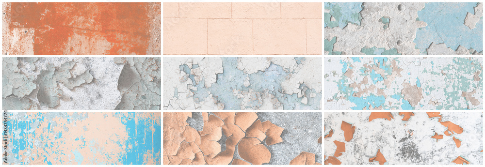 Set of panoramic background textures. Collection of wide textures with peeling paint, cracks, rust, stone and concrete walls. Faded rough surfaces of old walls. Bundle of light backgrounds for design.