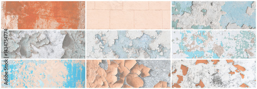 Set of panoramic background textures. Collection of wide textures with peeling paint, cracks, rust, stone and concrete walls. Faded rough surfaces of old walls. Bundle of light backgrounds for design.