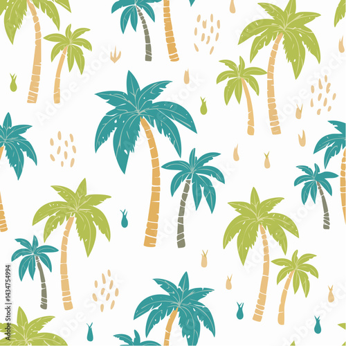 Tropical seamless pattern with hand drawn palm trees. Hawaiian florals summer background 