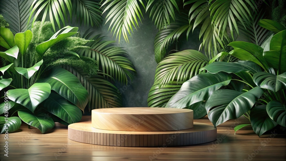 Elegant Wooden Product Display Stand with Tropical Leaves - High-Resolution Photo for E-commerce Elegant Wooden Product Display Stand with Tropical Leaves - High-Resolution Photo for E-commerce