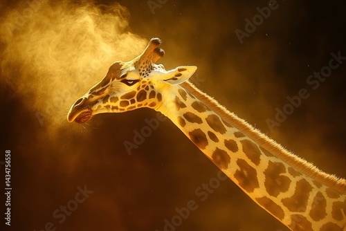 Giraffe portrait with golden light highlighting its neck and head against a dark background